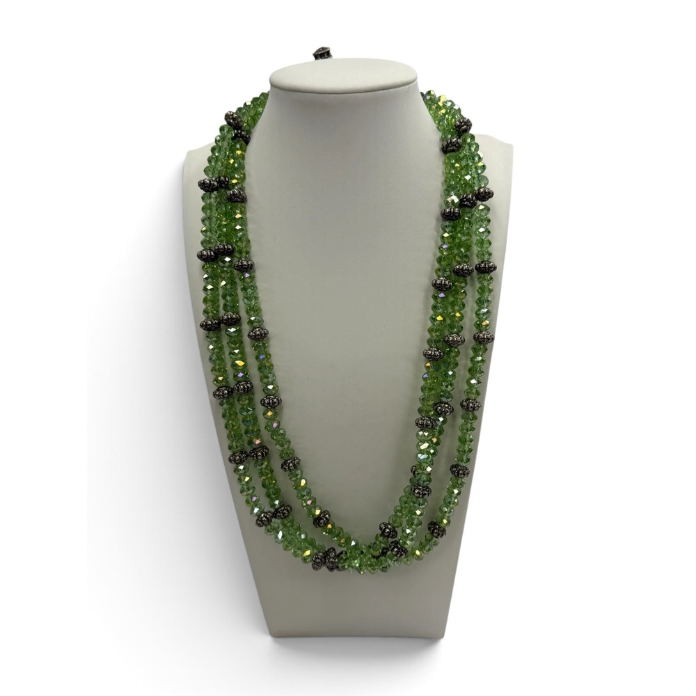 Green AB Faceted Glass Bead 3-Strand Statement Necklace Silver Toggle Clasp boho